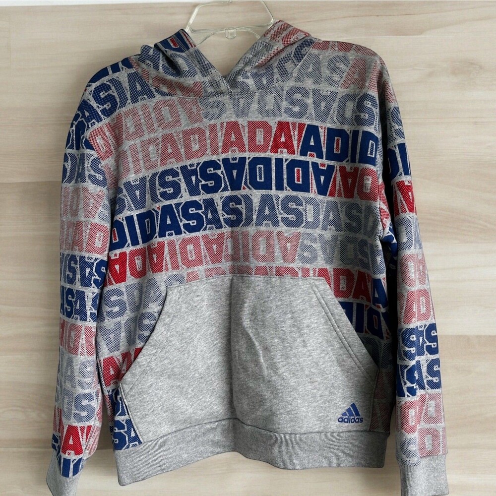 Adidas Unisex Fade Print Pullover Hoodie Grey Heather Blue X-Large 18-20 EUC